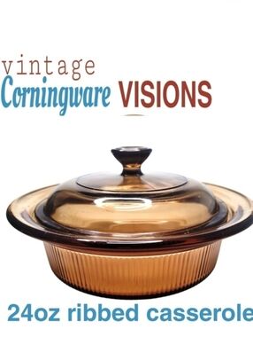 Vintage Corningware Visions Amber 24oz Ribbed Casserole Dish W/ Lid
